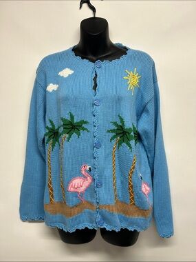 Rey Wear Light Blue Hand-Knitted Sweater Pink Flamingo size medium 100% cotton